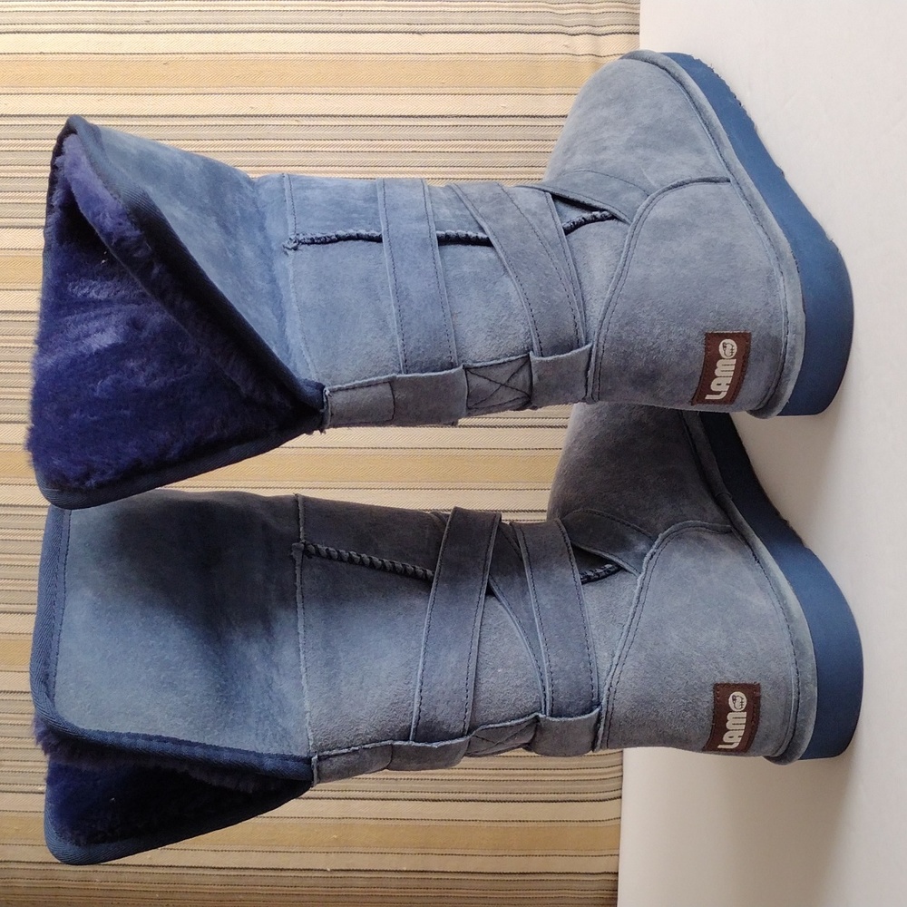Lamo blue suede faux fur tall booties 10